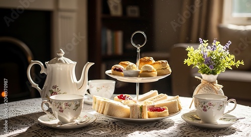 Elegant Afternoon Tea Set Arranged on Lace Table in Cozy Living Room