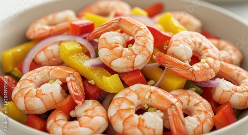 Fresh shrimp salad with peppers and onions bowl.