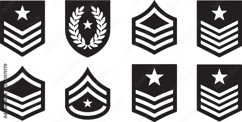 Fototapeta premium Collection of eight military rank insignias with stars and chevron patterns in black monochrome style for army service hierarchy.