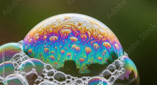 Macro view of vibrant soap bubble film with patterns.
