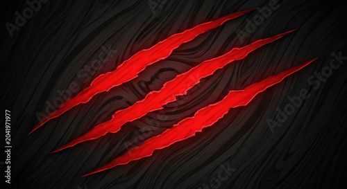Three glowing red claw marks on dark wood background.