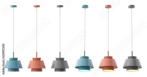 Photos Minimalist geometric hanging ceiling fixtures with stacked tiered metal shades, showcasing color variations in teal blue, terracotta orange, and dark grey