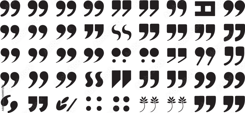 Naklejka premium Diverse set of typographic quotation mark symbols featuring various artistic styles and forms for editorial layout usage and text.
