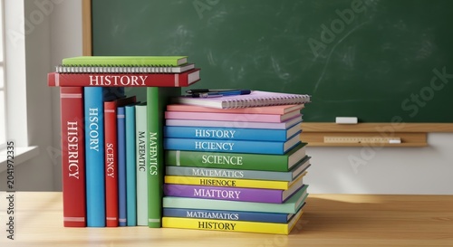 Stacked academic textbooks on wooden desk in empty classroom.