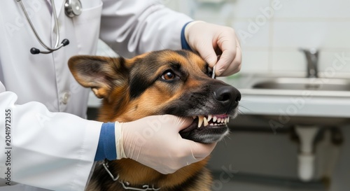 Close-up of vet examining dog teeth and gums