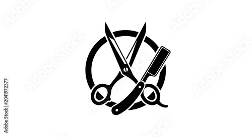 Barber Shop Icon with Scissors and Straight Razor