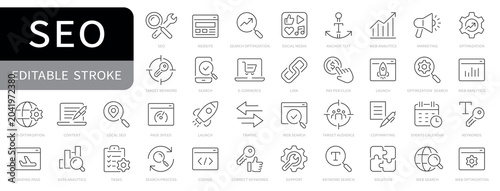 Seo simple line icons set. Search engine optimization editable stroke icon. vector