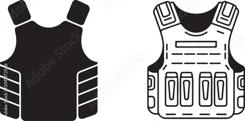 Photos Tactical bulletproof vest protective body armor gear in both solid silhouette and detailed line art style for security uniforms