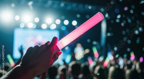 Hand holding pink glow stick at music concert.