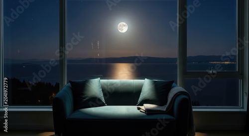 Night view of full moon over sea from window.