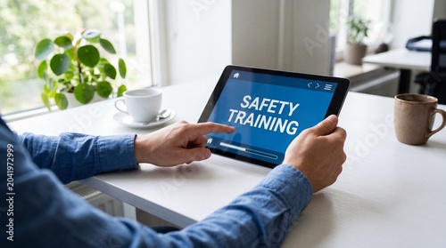 Man in office setting taking online safety training course on tablet computer with cup of coffee