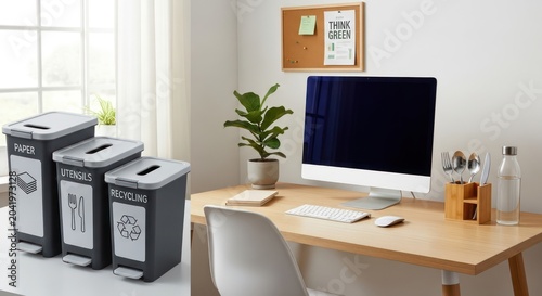 Home office workstation with categorized recycling waste bins.