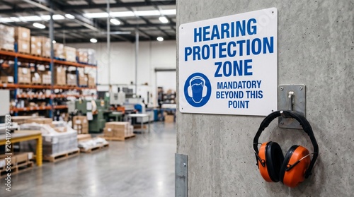 Hearing protection zone sign with orange earmuffs on concrete wall in industrial warehouse with blurred background of storage shelves and equipment