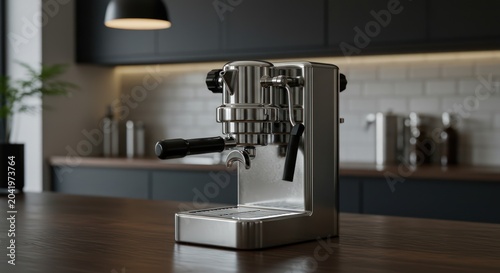 Stainless steel professional espresso machine on wooden counter.