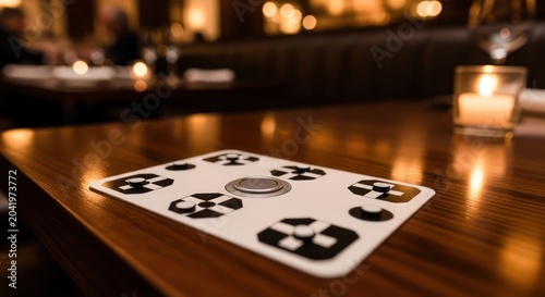 AR tracking marker on polished restaurant wooden table.