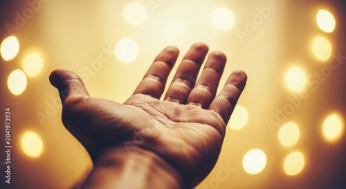Open hand reaching toward glowing golden bokeh lights.