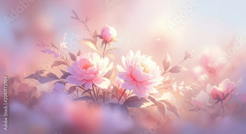 Soft pink peony flowers in ethereal glowing morning light.