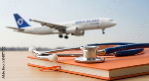 Stethoscope on an orange book with airplane in background.