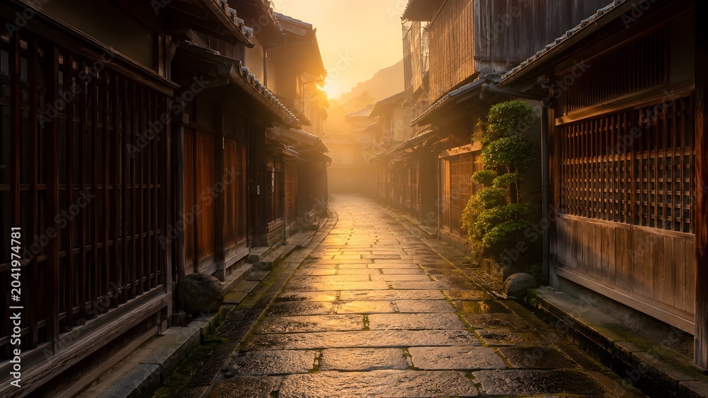 Fototapeta premium Kyoto Machiya Alley Morning Mist Golden Sunrise Japan Background Copy Space Design