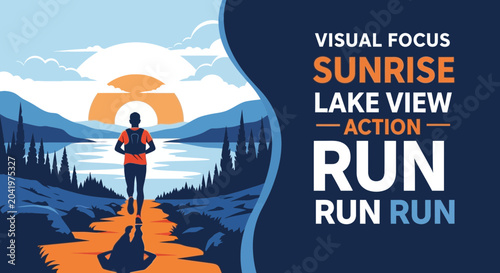 Runner At Sunrise Along Lake, Reaching For The Horizon, Trail Running, Adventure