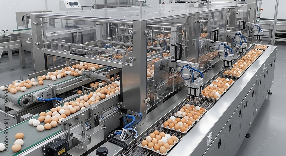 Fototapeta premium Automated Egg Processing Machine Sorting Brown and White Eggs in Modern Factory