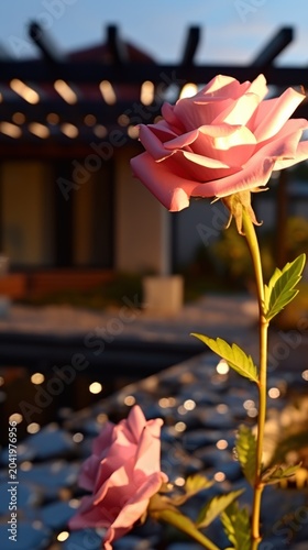 A serene pink rose in front of a traditional Asian-style building with a pond