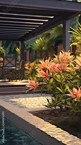 A serene poolside patio with vibrant flowers and a pergola