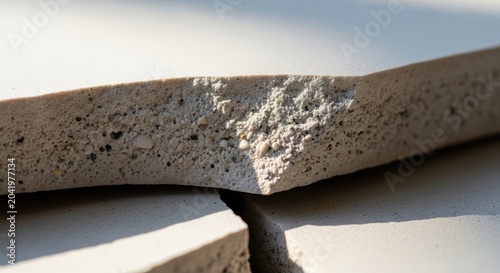 Jagged edges of broken ceramic tile fragment revealing rough concrete texture and aggregate detail