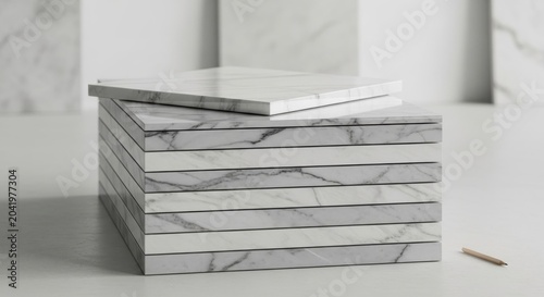 Stack of smooth light grey marble tiles showcasing elegant natural veining and clean design