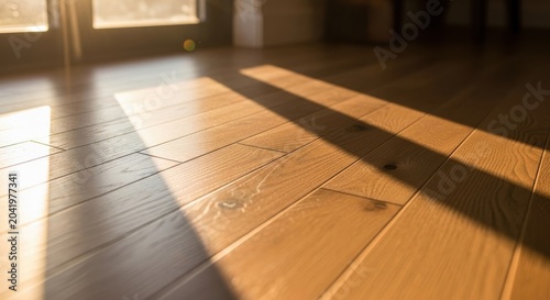Warm Sun Drenched Oak Hardwood Floor Planks Featuring Natural Grain and Light Shadows