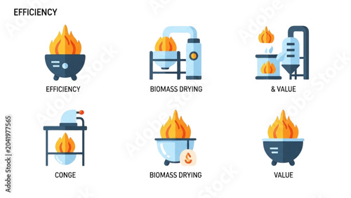 Biomass drying efficiency and value vector icon set showing cost savings calorific value and waste reduction