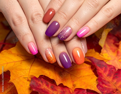 Colorful Manicured Hands Resting on Autumn Maple Leaves Background