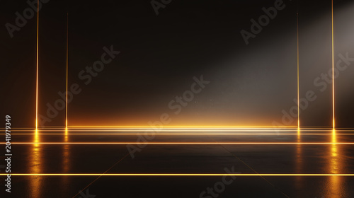Abstract neon grid background with illuminated orange perspective lines on black surface. Suitable for technology showcase, cyber interface and modern presentation backdrop