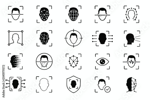 Facial recognition icons, biometric symbols, security signs, identification graphics, 20 black and white illustrations