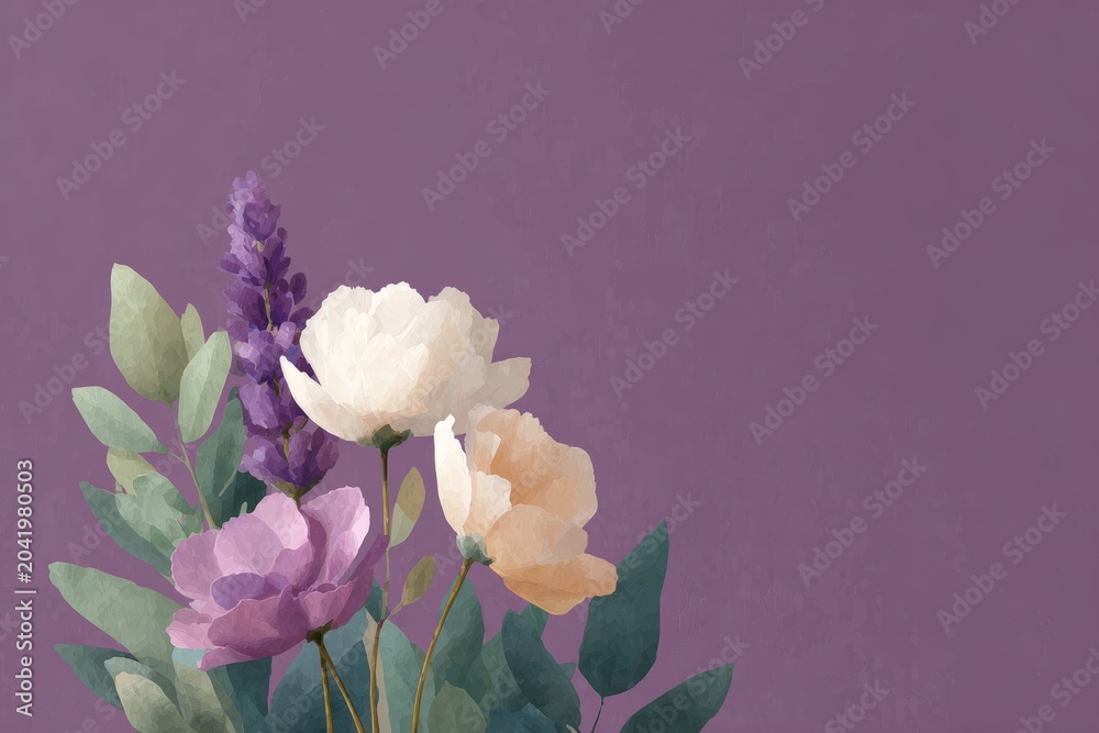 Obraz premium A vase filled with purple and white flowers on top of a table with a wall in the background. the painting is an acrylic painting on canvas giving it a vibrant and colorful look.