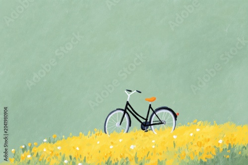 A bicycle parked in a field of yellow flowers with a bird perched on the handlebars. the background is a vibrant green color creating a peaceful atmosphere.