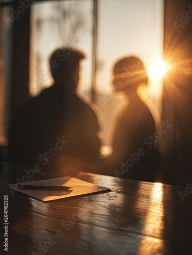 Two silhouetted figures converse by a sunlit window at a table