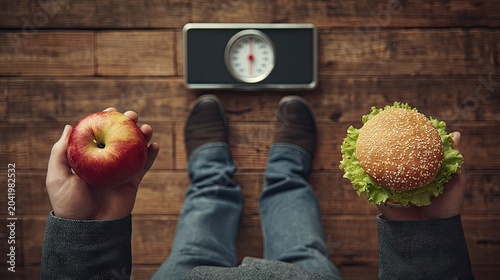 Person standing on scale with apple and burger for dieting concept