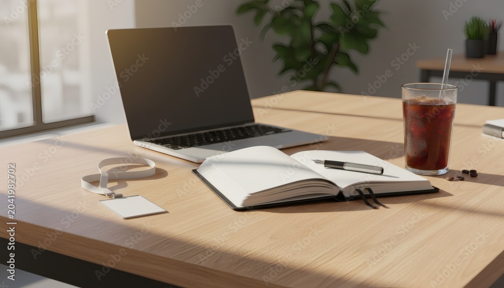 Fototapeta premium Modern office workspace with laptop, open notebook, ID badge, and iced coffee on wooden desk in warm sunlight, perfect for a summer internships concept