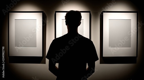 Silhouette viewing artwork three frames dark interior gallery concept