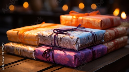 A stack of beautifully wrapped gifts on a wooden table in a cozy setting