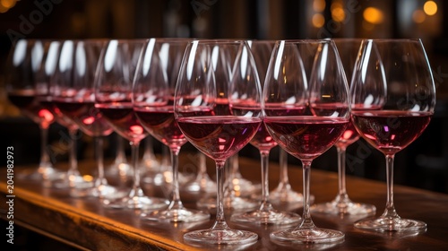 A row of wine glasses filled with red wine on a wooden bar
