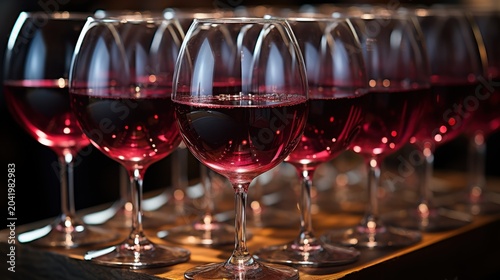 A row of wine glasses filled with red wine on a wooden table