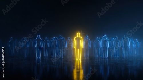 Unique illuminated figure stands out in crowd symbolic of leadership