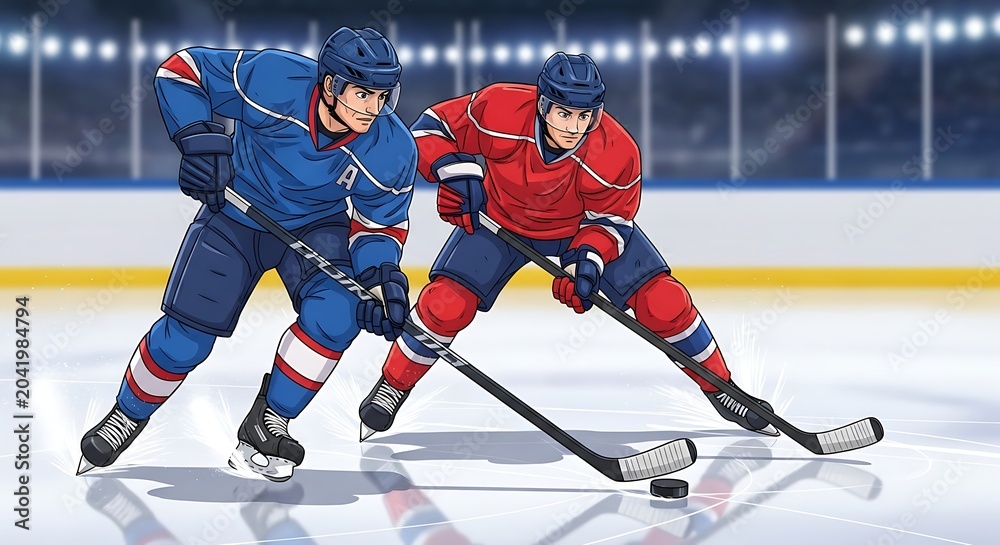 Obraz premium Competitive Ice Hockey Players Skating Toward Puck on Illuminated Arena Rink
