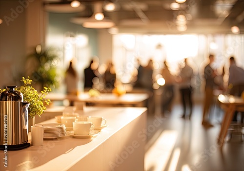 Sunny office breakroom with people socializing and coffee service