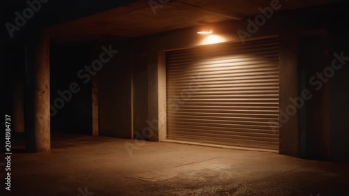 Empty underground parking garage illuminated by warm artificial lighting at night
