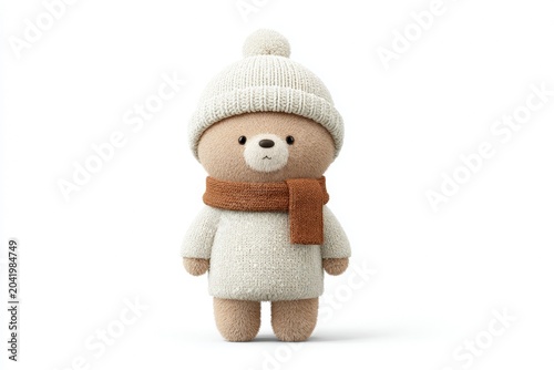 A teddy bear wearing a white dress and a brown scarf set against a white background.