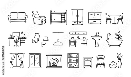 Canvastavla Elegant Home Furniture and Interior Line Icons Set with Minimal Outline Vector E