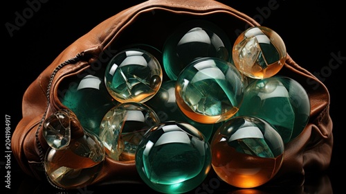 A brown leather pouch filled with colorful glass marbles on a black background